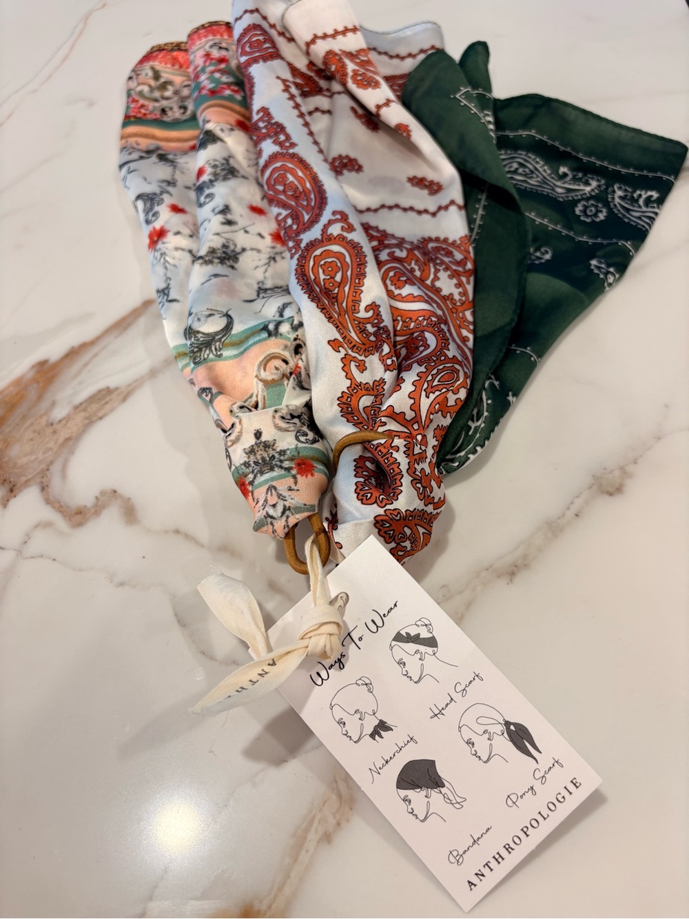 Anthropologie Silk Paisley Print Elastics with Headscarf attachment Set of 2 - Picture 4 of 4